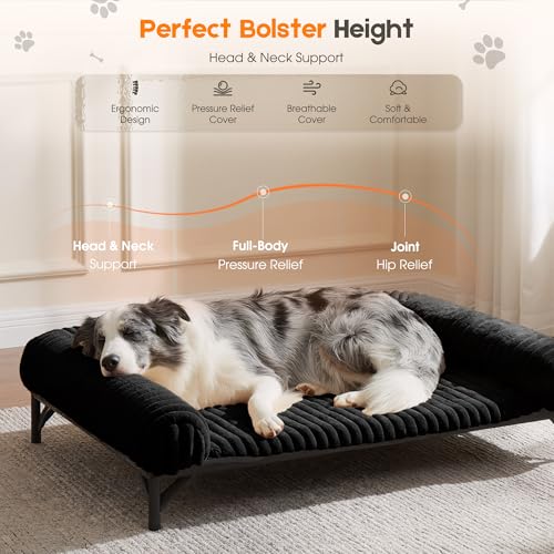 Elevated Dog Bed with Removable Fluffy Pillow Cushion, Raised Pet Cot Washable Bolster, Dog Couch Sofa, Anti Slip Feet, Breathable Mesh, Matte Black, 49"×36" - color: matte black, size: Xl(49"×36"×8")