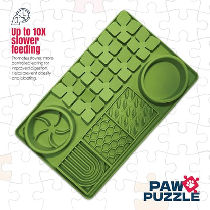 Palz&Co Paw Puzzle 2-in-1 Slow Feeder & Lick Mat - Large 15.75"x10.5" Green Non-Slip Silicone Mat for Dogs & Cats, Dry or Wet Food, Enrichment Puzzle Feeder, Dishwasher Safe - size: Large