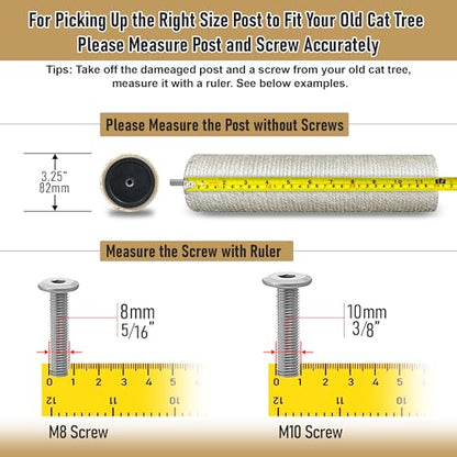 Catry Cat Scratching Post Replacement, 6-20 Inch Multi-Option Posts, Universal Replaceable Post for Feline Home Repair/Refresh with M10/M8 Screw Kit, Natural Sisal Rope, DIY Cat Tree - size: 11 Inches
