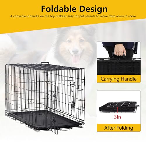 24/7 Shop at Home Gossamer Metal Double Door Folding Wire Pet Crate with Divider, Removable Tray, and Handle for Outdoor and Indoor Medium Dog, 48-inch, Black - size: 47.2"L x 28.9"W x 30.9"H