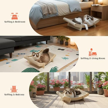 PETKARAY Inclined Sisal Cat Scratcher Bed, Curved Wooden Cat Hammock Chair, Large Scratch Pad for Indoor Cats, Cozy Cat Furniture Lounge, 24x14.5x8 inches