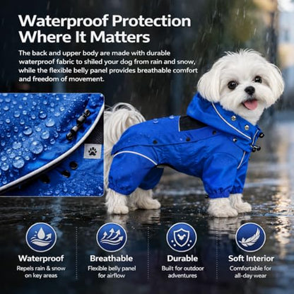 LOVELONGLONG Waterproof Dog Raincoat with Removable Hood – Outdoor Full Body Dog Jacket, Windproof Snowproof Shell Suit – All Season Pet Rain Gear Blue XXS - color: Blue, size: XXS (Back 9")