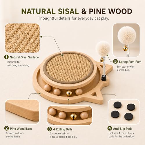 Cat Scratcher Board with Natural Sisal, Interactive Cat Track Toy with Spring Ball – Durable Kitten Scratching Pad for Indoor Cats, Kitty Wooden Cat Toy Stress Relief & Fun Exercise