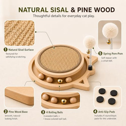Cat Scratcher Board with Natural Sisal, Interactive Cat Track Toy with Spring Ball – Durable Kitten Scratching Pad for Indoor Cats, Kitty Wooden Cat Toy Stress Relief & Fun Exercise