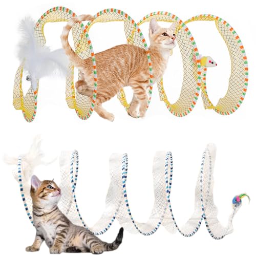 Spiral Tunnel Cat Toy 2 Pcs, 25.59 Inches Unfolded with Cat Wand Self Play Collapsible, Hunting Spiral Tunnel with Feather Mouse Toys and Bell for Indoor Kitten Play Chase Exercise - color: Blue+Yellow