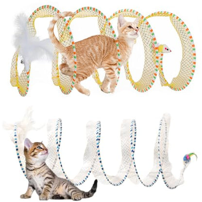 Spiral Tunnel Cat Toy 2 Pcs, 25.59 Inches Unfolded with Cat Wand Self Play Collapsible, Hunting Spiral Tunnel with Feather Mouse Toys and Bell for Indoor Kitten Play Chase Exercise - color: Blue+Yellow