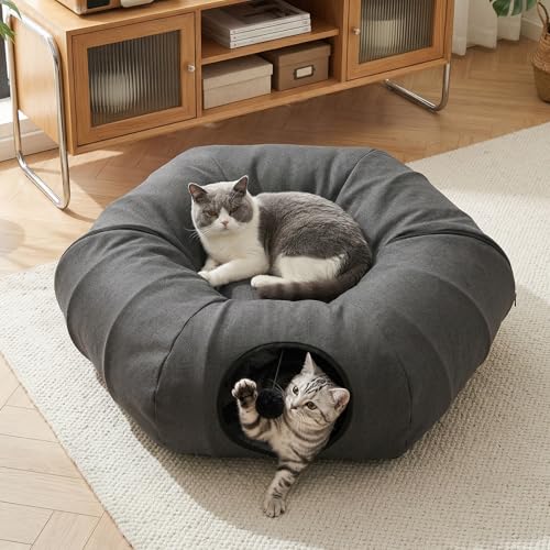 Cat Tunnel Bed for Indoor Cats, Cooling Natural Linen Cat Tunnel, Breathable 29.5in Kitten Toys Cat Tunnel with Washable Mat, Round Pet Tunnel for Kittens, Squirrels Dark Grey - color: Dark Grey, size: Medium