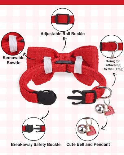 Cat Collar Breakaway with Bells, Soft Cotton Red Cat Bowtie Collar for Girl Cats, Small Cats Collar with Bow for Spring Summer, 2 Pack Cute Kitten Collars with Removable Bowtie 8-12Inch - color: Black + Red