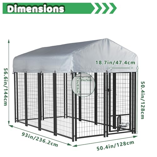 LEMBERI 8x4x4 Outside Dog Kennel with Roof for Large Dogs,Heavy Duty Welded Wire Steel Dog Playpen Fence with Secure Lock, Pet Pen with UV-Resistant Waterproof Cover (93.1''L x 50.4''W x 56.6''H) - size: 93.0"L x 50.4"W x 56.6"H