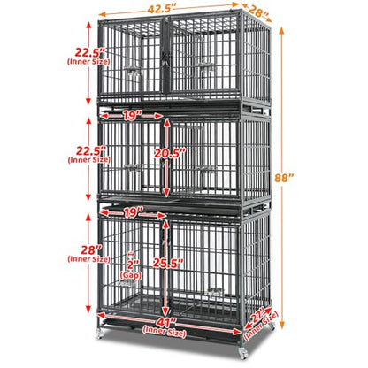 Homey Pet 43 Inch Three Tiers Dog Crate Cage Kennel with Divider, Stackable Heavy Duty Dog Crate for Large Dogs, Escape Proof Indestructible Dog Kennel Indoor with Removable Tray, Lockable Wheels - size: 42.5"L x 28.0"W x 88.0"H
