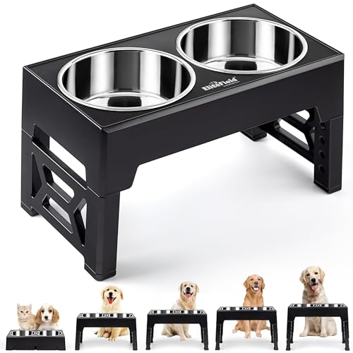 EliteField Elevated Dog Bowls (2-Year Warranty), Two 58 oz Stainless Steel Food Bowls, 5 Adjustable Raised Heights (4", 9.5", 10.5", 11.5", 12.75") Suitable for Dogs of All Ages, Small to Large Sizes - color: Black, size: 2 Stainless Steel Bowls