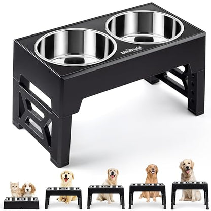 EliteField Elevated Dog Bowls (2-Year Warranty), Two 58 oz Stainless Steel Food Bowls, 5 Adjustable Raised Heights (4", 9.5", 10.5", 11.5", 12.75") Suitable for Dogs of All Ages, Small to Large Sizes - color: Black, size: 2 Stainless Steel Bowls