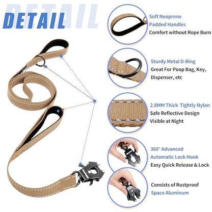 Strong Heavy Duty Dog Leash - 5ft Reflective Nylon Training Leash with Soft Padded Double Handle & Auto Lock Frog Clip - Safety Traffic Control for Large Medium Small Dogs No Pull Walk Khaki,4ft - color: Khaki, size: 4FT x 1" x 2.8MM