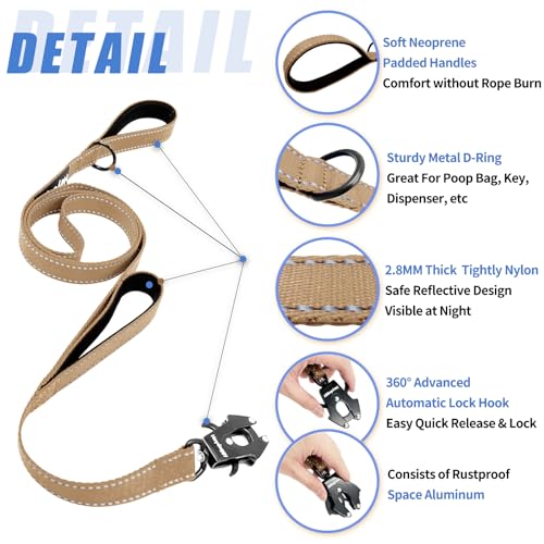 Strong Heavy Duty Dog Leash - 5ft Reflective Nylon Training Leash with Soft Padded Double Handle & Auto Lock Frog Clip - Safety Traffic Control for Large Medium Small Dogs No Pull Walk Khaki,5ft - color: Khaki, size: 5FT x 1" x 2.8MM