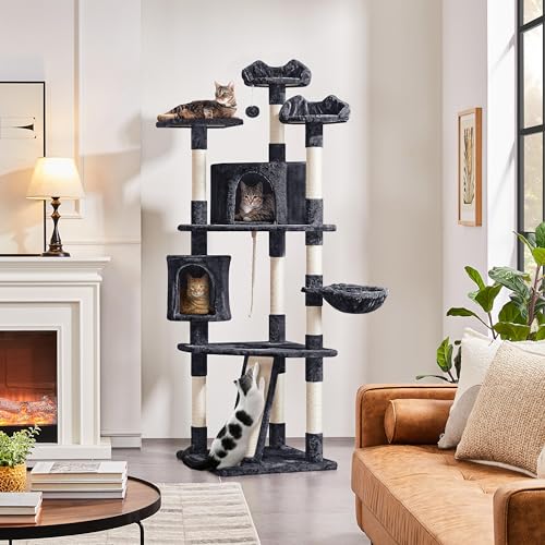 Yaheetech 79 in Cat Tree Tower, Multilevel Cat Trees Plush Covered Cat Tower with 2 Extra Large Condos, Comfy Basket, Sisal Scratching Posts - color: Black