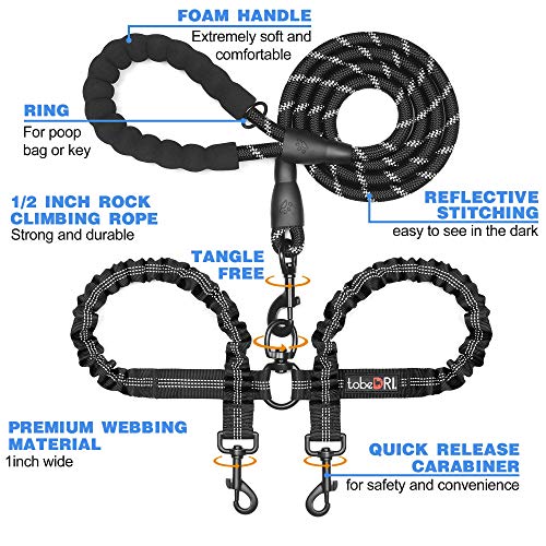 tobedri Comfortable Dual Dog Leash Tangle Free with Shock Absorbing Bungee Reflective 2 Dog Leashes for Large Medium Small Dogs
