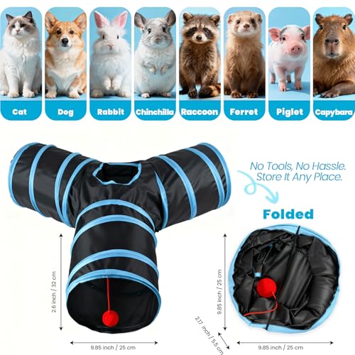Pet Tunnel for Indoor Cats, 3-Way Collapsible Interactive Pet Tube Infused Catnip, Crawling Runway Toy for Kittens & Adult Cats, Bed Hideaway Toy for Small Pets & Animals
