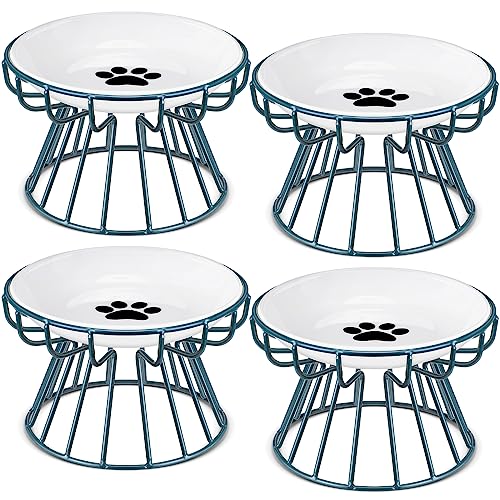 Roshtia 4 Sets Elevated Cat Bowls Ceramic Raised Cat Food Bowls with Metal Stand Dishwasher Safe Dishes Non Slip Elevated Food Plate(Green,Paw) - color: Green