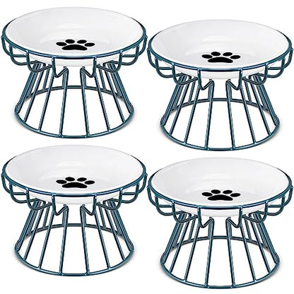 Roshtia 4 Sets Elevated Cat Bowls Ceramic Raised Cat Food Bowls with Metal Stand Dishwasher Safe Dishes Non Slip Elevated Food Plate(Green,Paw) - color: Green