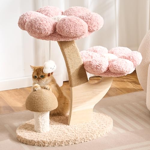 797Audio Flower Cat Tree, 30" Wood Branch Cat Tower with Scratching Post for Indoor Adult Cats,Luxury Aesthetic Cat Tree with Mushroom Cat Scratcher & Interactive Squeaky Toy, Pink - color: Pink, size: 30"