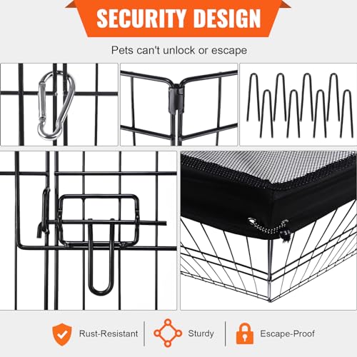 VEVOR Foldable Metal Dog Exercise Pen, Pet Puppy Playpen Yard Fence with Top Cover & Door, Indoor Outdoor 8 Panels 24" W x 24" H Dogs Crate Kennel with Ground Stakes for Small & Medium Dogs - size: 8 panels 24*24in, style: Playpen + Top Cover