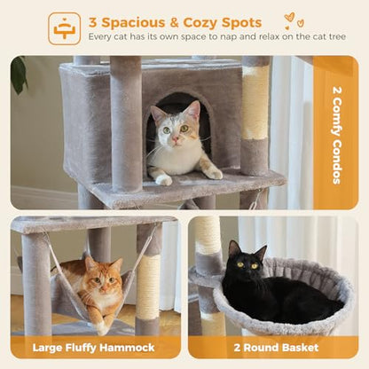 71.2 Inches Tall Cat Tree for Large Cats, Multi-Level Cat Tower with 2 Cozy Condos, Super Large Top Perch, 3 Hammocks, Sisal Scratching Posts and 2 Pompoms, Grey - color: Grey, size: 71.2 Inches