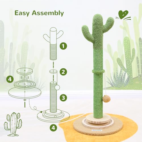 Globlazer Tall Scratching Post for Cats, Cactus Cat Scratching Post Cat Scratcher Cute Sisal Large Cat Scratching Post with Modern Wooden Ball Tracking Interactive Toys, SC30