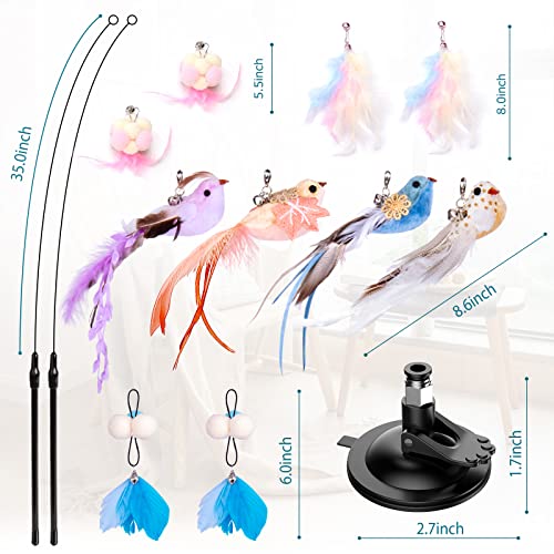 Cat Toys Wand, Interactive Cat Toy with Super Suction Cup Sticky Detachable 12 PCS Feather Replacements 2 Wands Cat Spring Feather Toys for Indoor Cats Kitten Toys (4 Birds Replacements) - color: 4 Birds Replacements