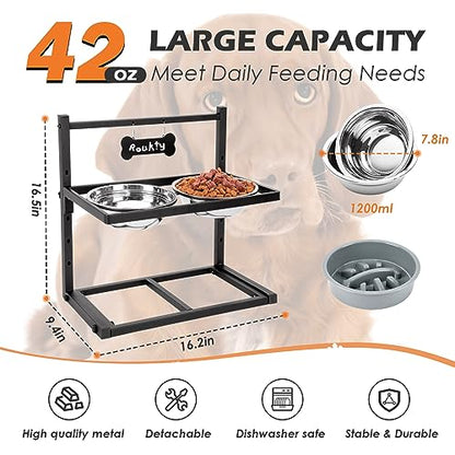 ADENGL Elevated Dog Bowls with Slow Feeder Dog Bowls, 5 Height Adjustable Raised Bowl Stand with 2 Stainless Steel Food & Water Container, Pet Bowl Elevated for Medium Large Pet - color: Grey, Slow Feeder, size: Large Dogs
