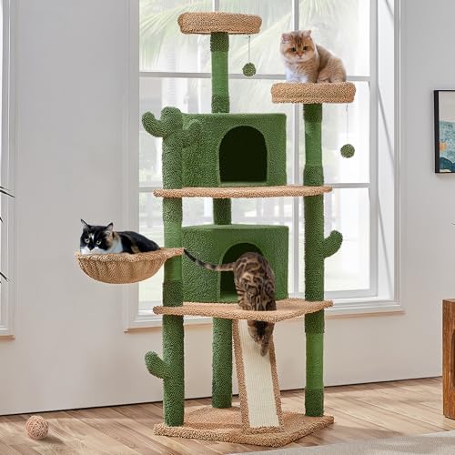 Yaheetech Cactus Cat Tree, 66?H Cat Tower for Indoor Cats, Multi-Level Cat Tree with Large Condos & Ramp, Pet Play House with Padded Perch, Platforms, Basket & Hanging Ball, Green/Brown