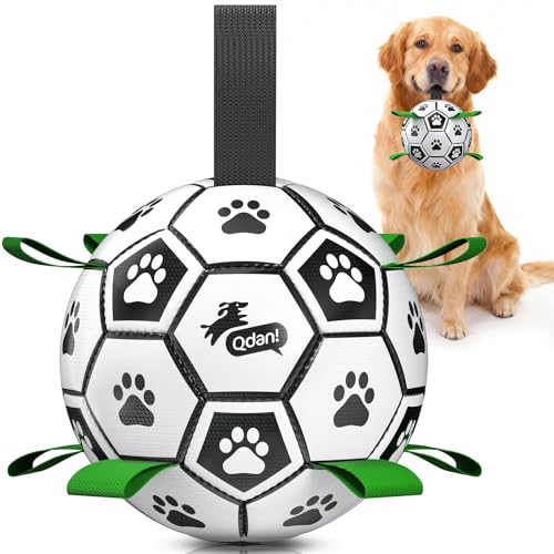 QDAN Large Dog Toys, 8 Inch Soccer Ball for Dogs with Straps, World Cup Interactive Toys for Tug of War, Puppy Birthday Gifts, Water Toy, Durable Dog Balls for Medium Large - color: Black Green, size: 8 Inch