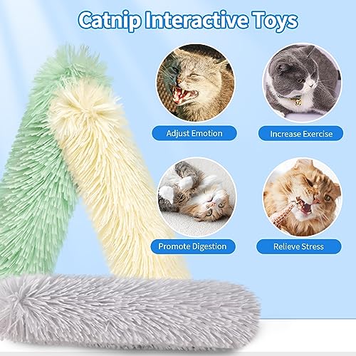 Cat Toys Cat Pillows, 3 Pack Durable and Soft Crinkle Sound Catnip Toys, Catnip Filled Cat Teething Chew Toys for Kittens, Interactive Cat Kicker Toys for Indoor Cats Entertain (Grey/Green/Yellow)