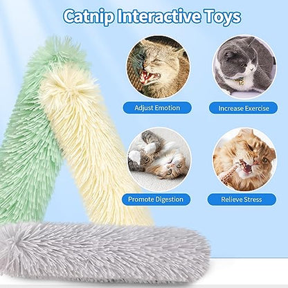 Cat Toys Cat Pillows, 3 Pack Durable and Soft Crinkle Sound Catnip Toys, Catnip Filled Cat Teething Chew Toys for Kittens, Interactive Cat Kicker Toys for Indoor Cats Entertain (Grey/Green/Yellow)