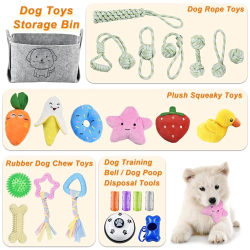 LECHONG 24 Pack Puppy Chew Toys, Dog Teething Toys with Storage Bin, Dog Rope Toys and Squeaky Toys for Boredom, Interactive Dog Toys for Small & Medium Breeds - size: 24pack