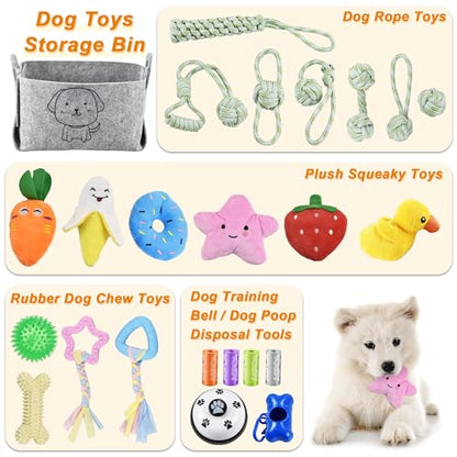 LECHONG 24 Pack Puppy Chew Toys, Dog Teething Toys with Storage Bin, Dog Rope Toys and Squeaky Toys for Boredom, Interactive Dog Toys for Small & Medium Breeds - size: 24pack