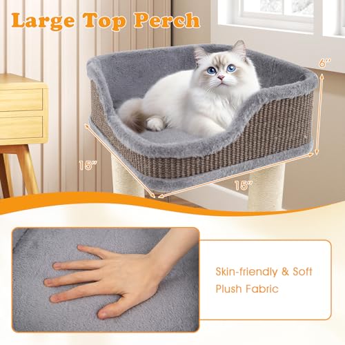 PETSITE 20 inch Small Cat Tree, Modern Cat Tree with Top Soft Upholstered Bed, Sisal Scratching Posts & Mats, and Interactive Dangling Ball, Ideal for Small Indoor Cats and Kittens