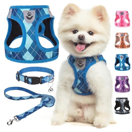 SCENEREAL Small Dog Harness and Leash Collar Set, Step in No Pull Soft Mesh Dog Harnesses for Small Medium Sized Dogs Puppy and Cats Outdoor Walking, No Chock Reflective Vest Harness, Blue Plaid XS - color: Blue, size: XS: Chest Girth: 13"-14.5"