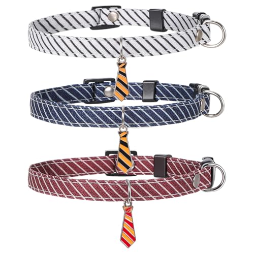 3 Pcs Kitten Collar, Stripes Cat Collars Breakaway Kitten Collar Adjustable 7.8-11.8 in Cat Collars Sets Quick Release with Small Neckties for Girl Boy Cats Classic Cotton Stripe