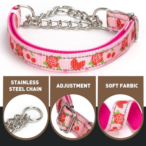 Rose Flower Pattern Martingale Collar, Reflective No-Pull Adjustable Dog Training Collar with Chain for Medium, Large & XL Breeds(Medium Rose) - color: 15, size: M(Neck12"-17")