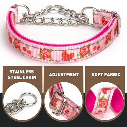 Rose Flower Pattern Martingale Collar, Reflective No-Pull Adjustable Dog Training Collar with Chain for Medium, Large & XL Breeds(Medium Rose) - color: 15, size: M(Neck12"-17")