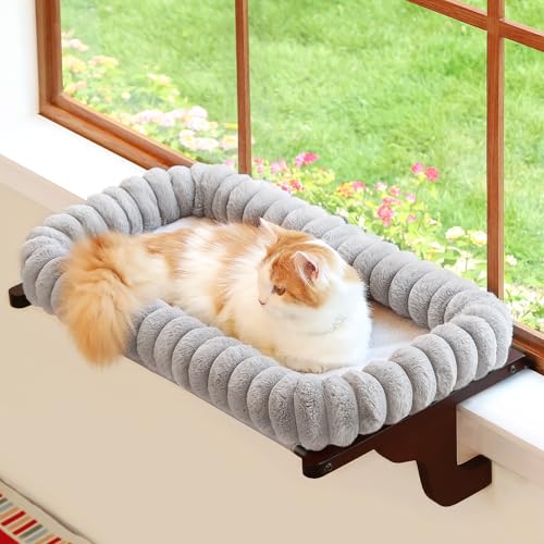 Zakkart SnugCloud Cat Window Perch with 4-Sided Bolster - Orthopedic Cat Hammock for Window Sill - Solid Hardwood & Metal Frame - Window Seat for Pets (Dark Stained Wood w/Gray Bed, Medium) - color: Dark Stained Wood w/ Gray Bed, size: Medium (22"x15")