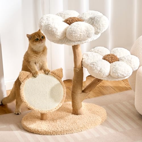 Modern Natural Solid Wood Cat Tree Tower for Indoor Cats Large Adult, 30 inch Flower Cat Tree with Scratching Post, Luxury Aesthetic Cat Tree with Cloud-Soft Flower Perches and Sisal Scratching Pad - color: cream white, size: 30 inch-Cat Scratcher
