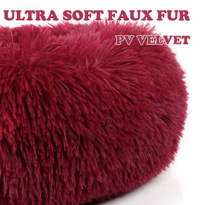 otoez Kitten Puppy Bed Extra Small XS Round Dog Cat Beds Anti Anxiety Plush Pet Calming Donut Bed with Non-Slip Waterproof Bottom, Washable (15.7", Dark Red) - color: Dark Red, size: 15.7"