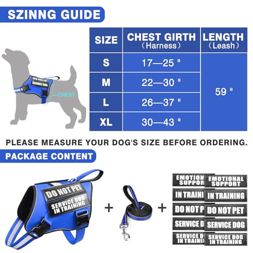 Service Dog Vest Harness and Leash Set+10 Patches,No Pull&Easy Walk Reflective Dog Harness with Soft Padded Handle for Training/Everyday,Fit Small/Medium/Large/Extra-Large Dogs (Blue M) - color: Blue, size: Medium