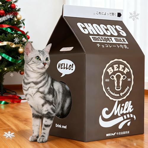 Cardboard Cat House with Scratch Pad, Corrugated Kitten Hideaway Cave, Cute Cats Condos Box, Milk Box Shape Cat Scratching House Bed, Black - color: Black Milk Box