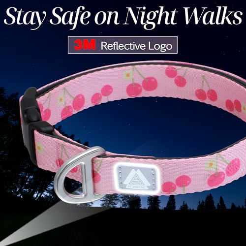 Girl Dog Collar, Pink Cute Cherry Print Reflective Padded Collar with Soft Neoprene, Adjustable Lightweight Pet Collar for Small Dogs, Puppies,Neck Size 9’’-14’’ (Cherry, S) - color: Cherry, size: S (Neck 9''– 14'')