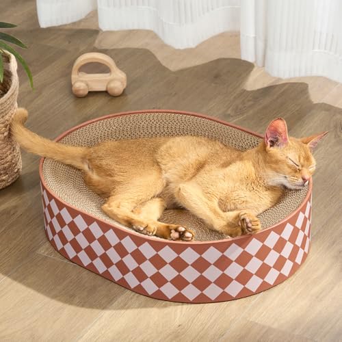 Conlun Oval Cat Scratcher Bed, 2-in-1 Cat Scratching Board, Natural Corrugated Cardboard Scratch Pad Lounge, Sealed Base Traps Debris,No Assembly Kitty Furniture,Stylish Colors Blends Any Home Decor - color: Checkered, size: Medium(16.9"L x 12.9"W x 3.9"T