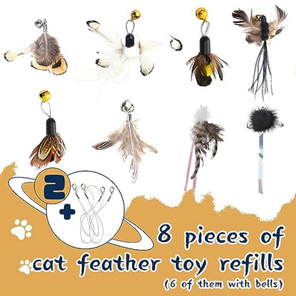 LELE LIFE 70'' Ultra Long Cat Wand Toy for Full Fun, Interactive Cat Toys for Indoor Cats Kitten, 2Pcs Retractable Flexible Poles and 8Pcs Cat Feather Toys Bell Teaser Refills, 2Pcs String Refills
