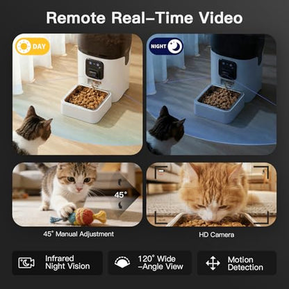6L Automatic Cat Feeder with Camera, 1080P HD Camera Live Video, Night Vision 2-Way Audio, WiFi & App Remote Control, Programmable Pet Feeder, Smart Timed Dry Food Dispenser for Cat & Dog - size: Single Basin - 6L