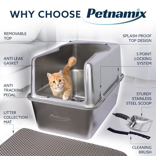 2 Pack XXL All Stainless Steel Litter Box Lid 30L Enclosed 16" Tall Walls Leak Proof Seal NonStick Splash Guard Top Removable Cover System Large Multi Cats Scoop Mat Extra Large Metal Cat Litter Box